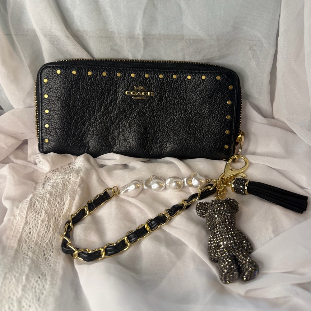 Coach Black Leather Wallet with Gold Studs